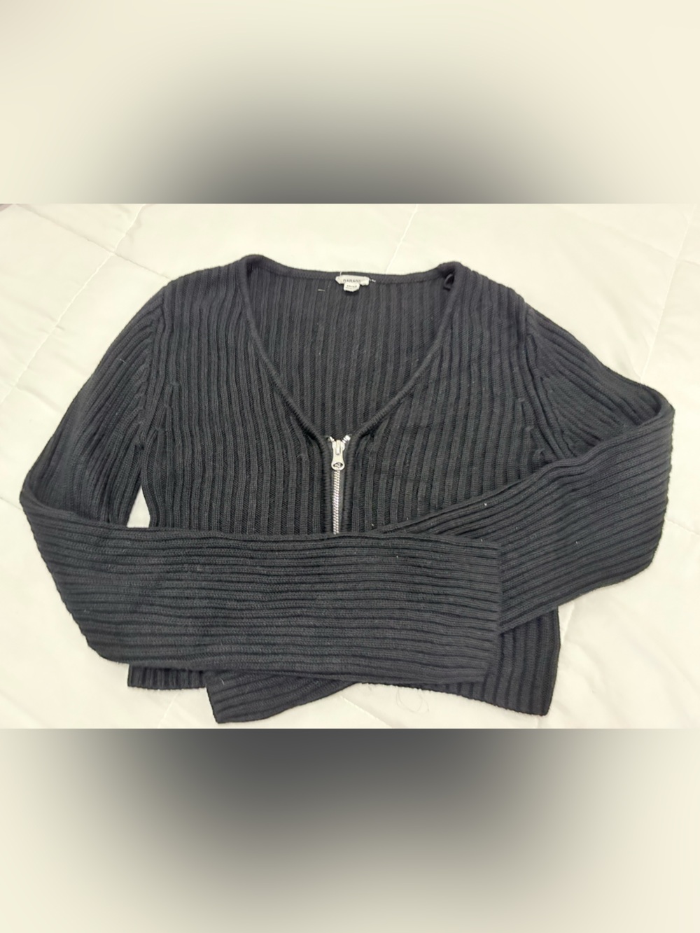 Garage Black Ribbed Zip-Up Cropped Cardigan